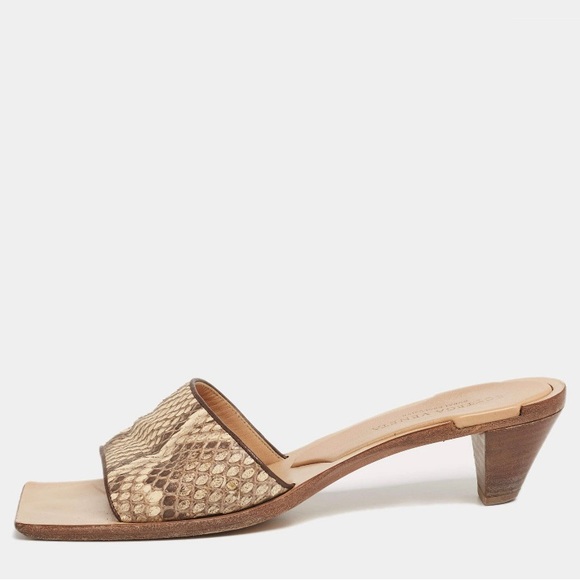 Bottega Veneta Square Toe Python Leather Strap Low Sandals Heels - Picture 3 of 4